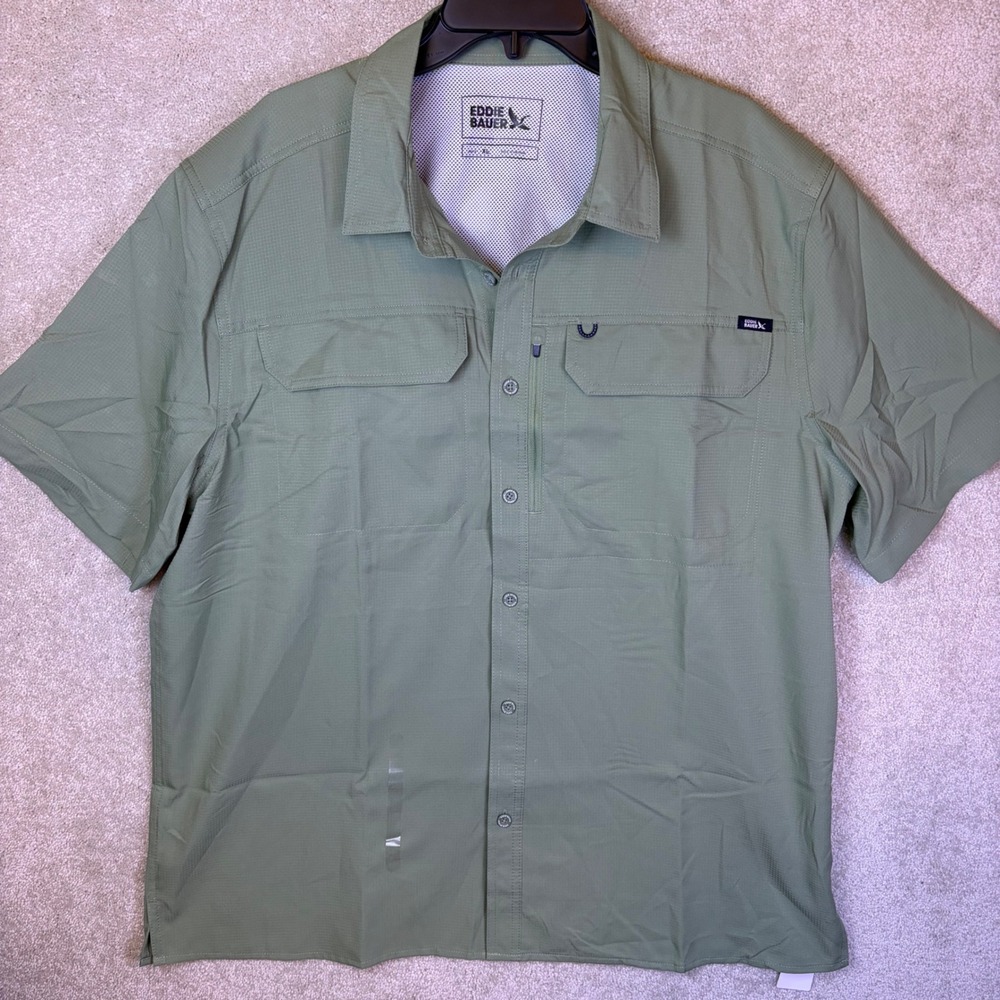 Eddie Bauer Fishing Shirt Mens XL Green Short Sleeve Vented Ripstop EB011287 NEW